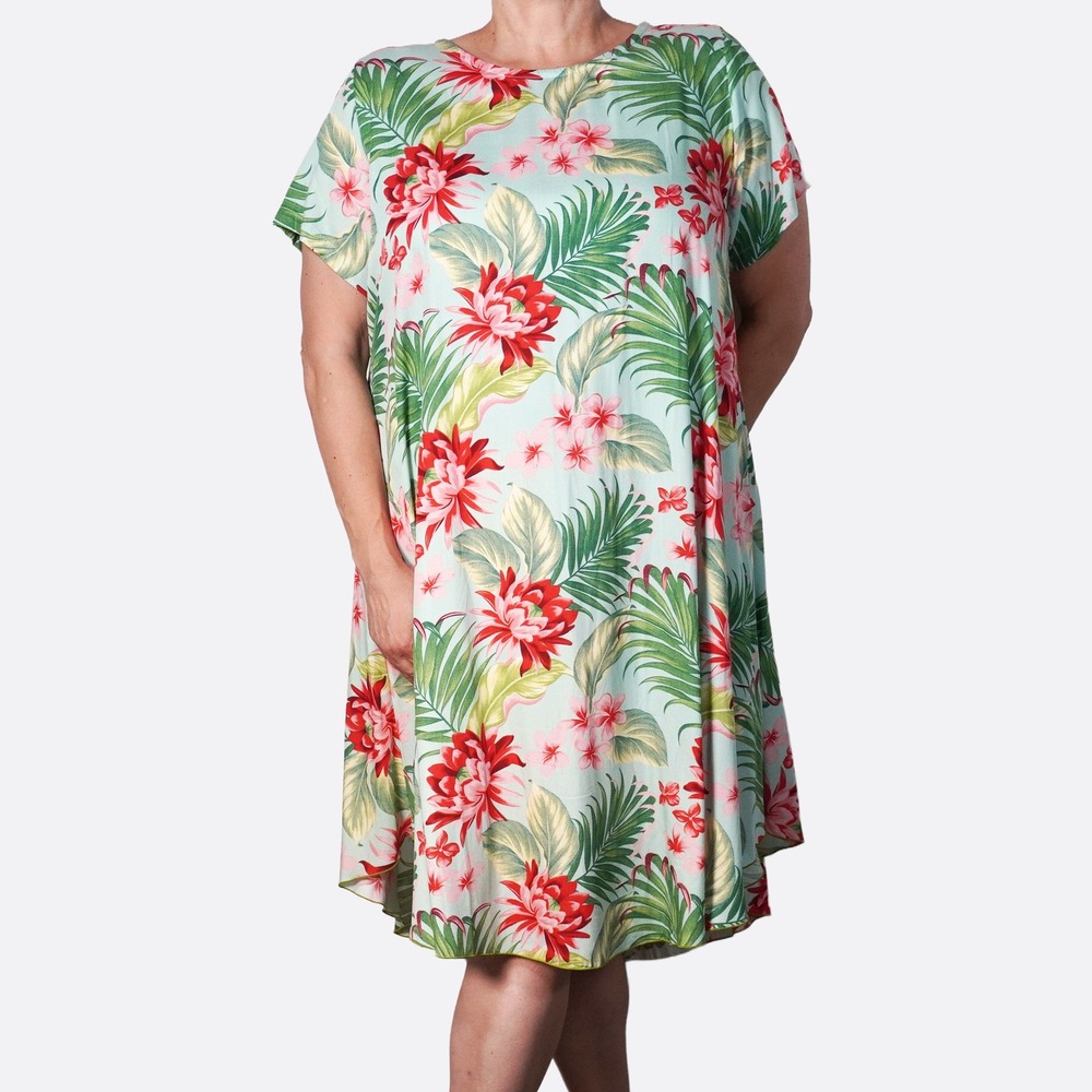 Handmade 100% Rayon Hawaiian Tropical Floral Green Swing Dress O/S fits XL/1X